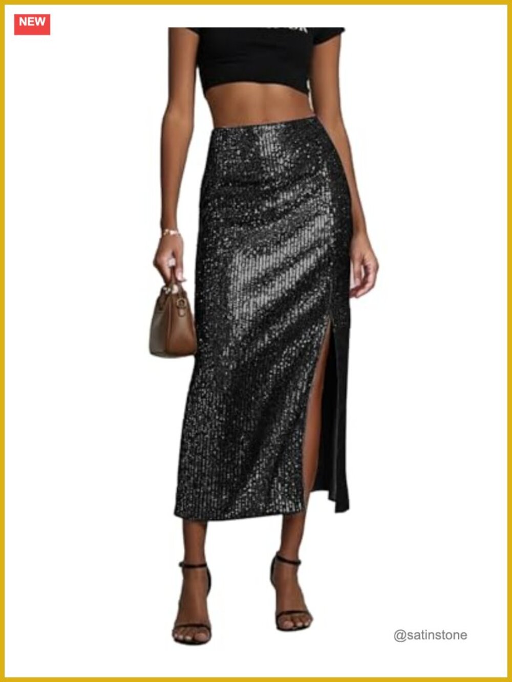 Sequin Midi Skirt, Sparkly High Waisted Bodycon Pencil Skirt with Slit and